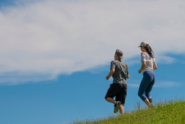 couple hiking downhill