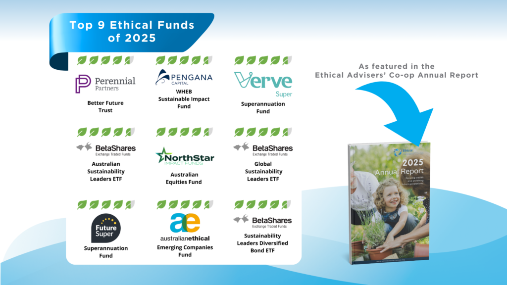 Infographic showing the Top 9 Ethical Fund Leaf Ratings of 2025 from the Ethical Advisers’ Co-op Annual Report, featuring Australian and global sustainability funds ranked by Leaf Rating.
